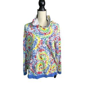 Lands End Hoodie Tye Dye Blue Yellow Blue Kangaroo Pocket Blue Cuffs & Hem XXL